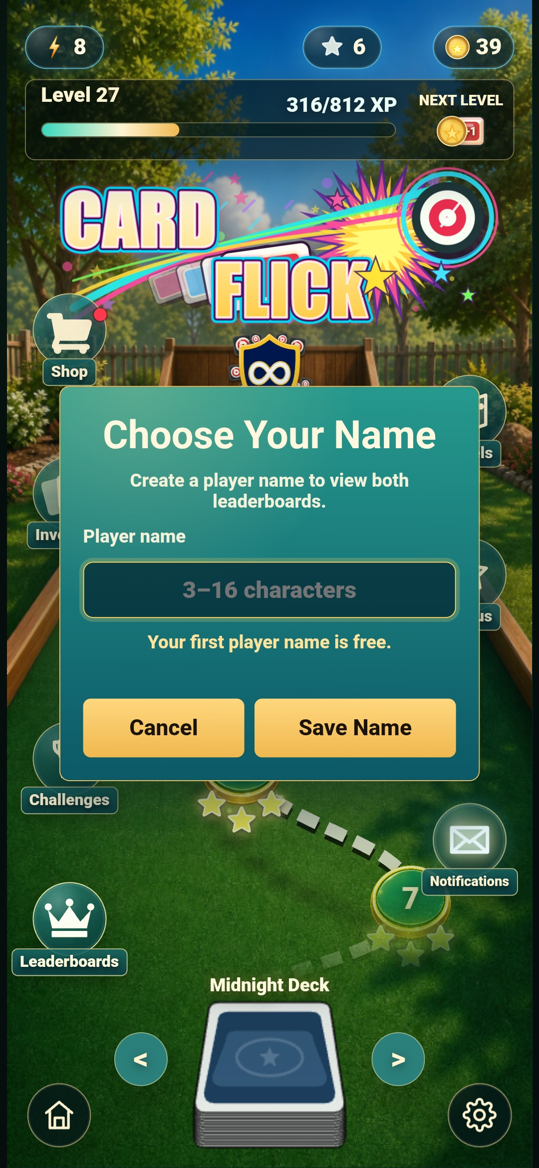 Card Flick player name setup